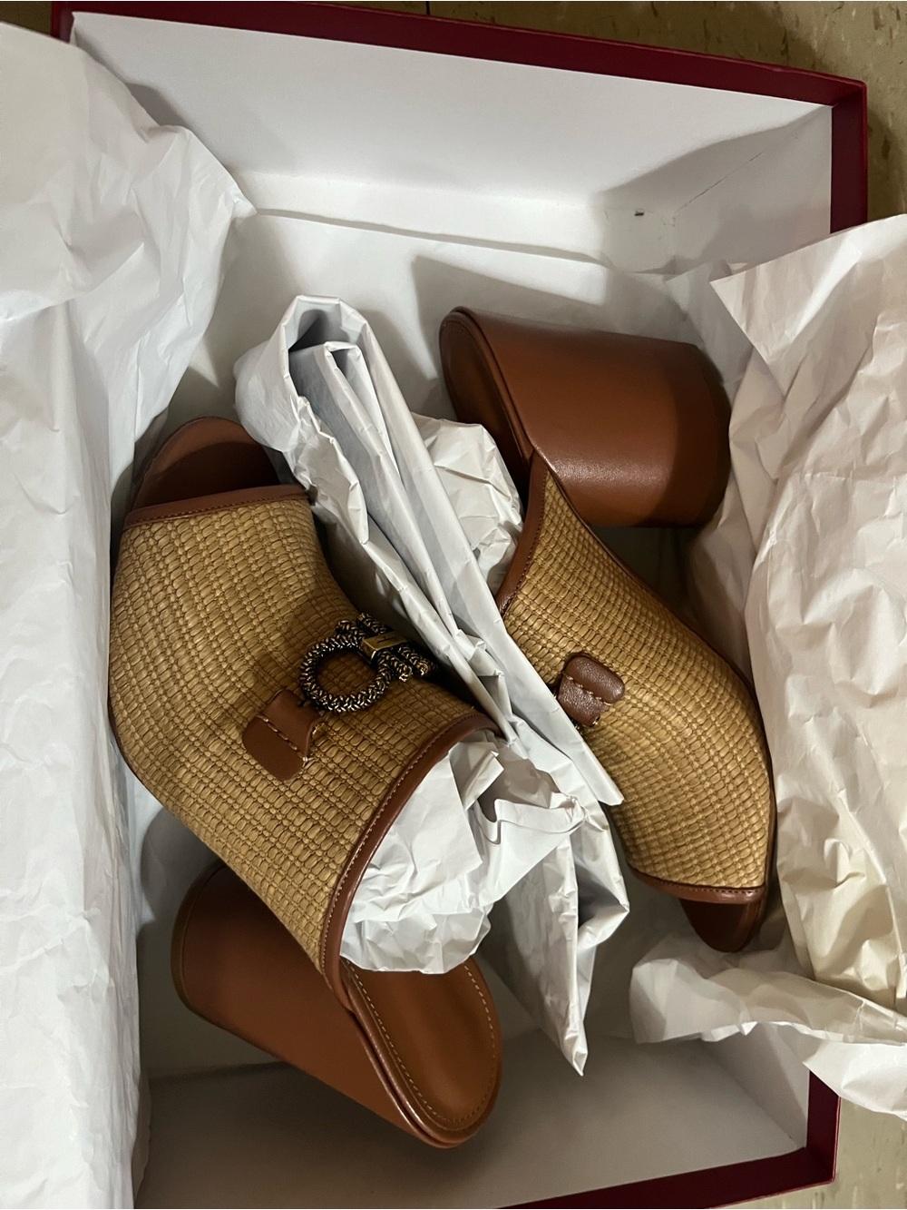 Ferragamo Woven Straw Slide Sandals in Tan with Decorative Chain - Picture 4 of 11